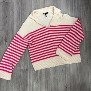 Maje Pink and Cream Striped V-Neck Sweater